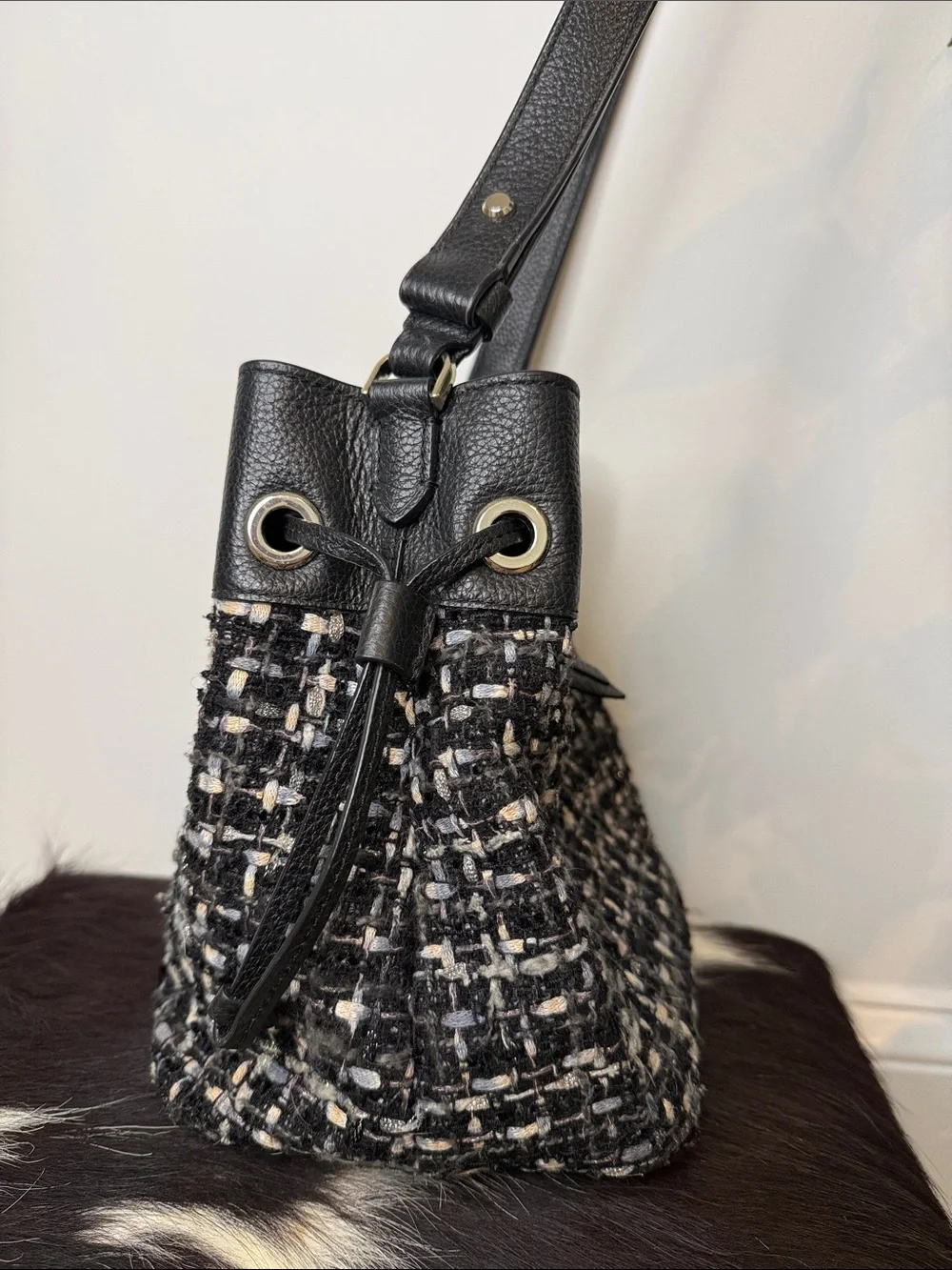 kate spade Marti Black Tweed Pebbled Leather Bucket Shoulder Bag